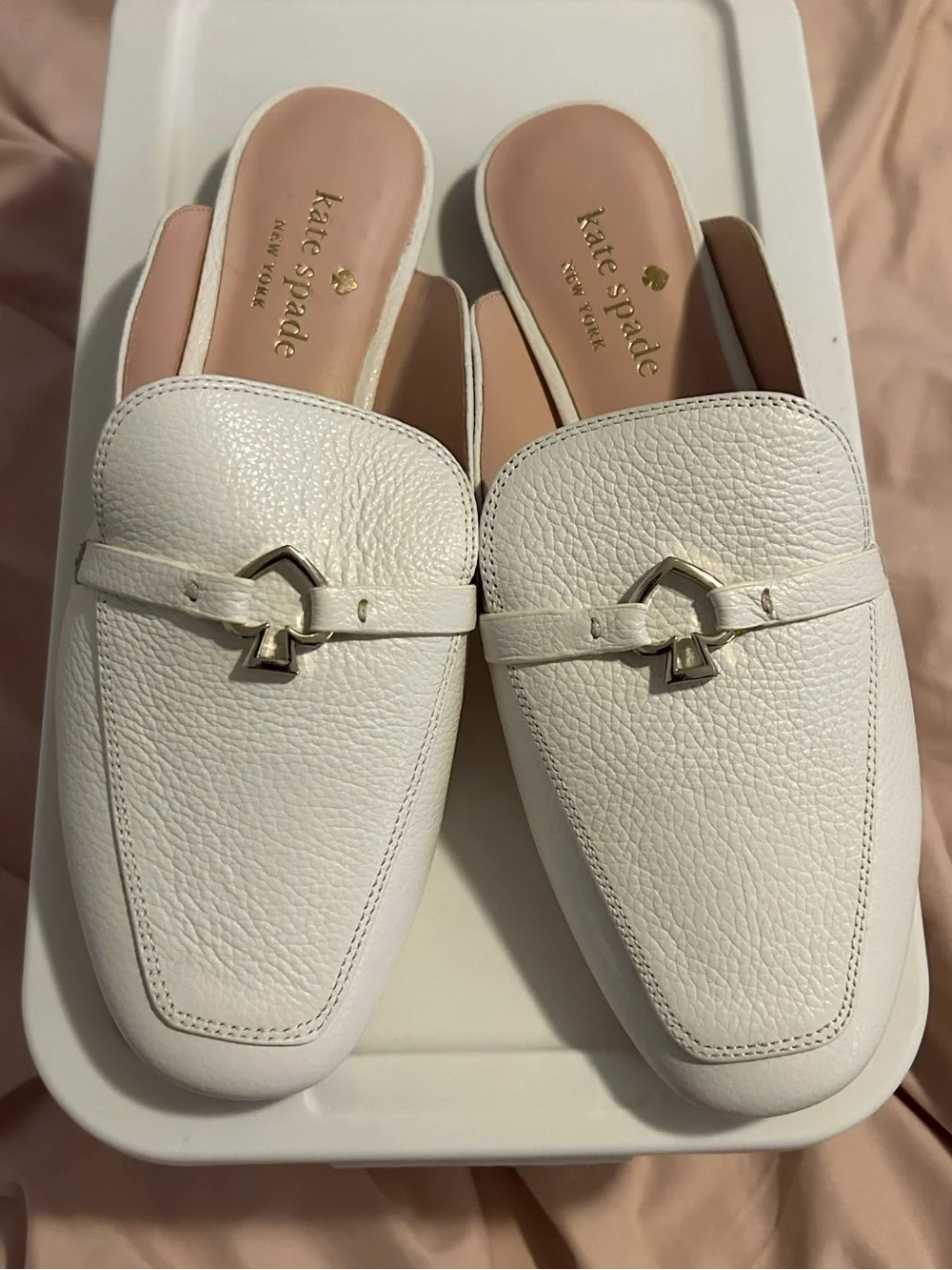 kate spade White Pebbled Leather Backless Loafers with Gold Accent